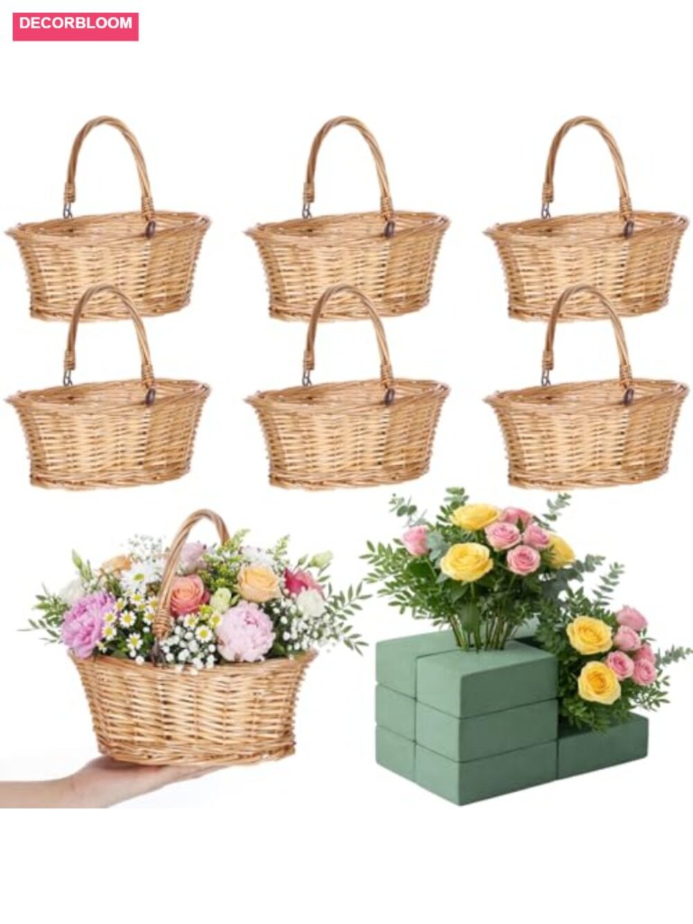 Small Wicker Picnic Basket with Handle Set of 6 Oval Khaki